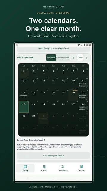 Full dual-date HijriAnchor month view